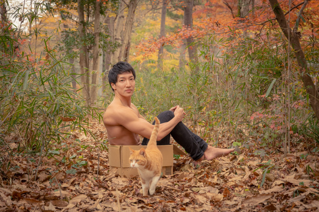 猫にも捨てられるマッチョ/reference stock photo muscle in autumn colors/box macho and cat@フリー素材 マッチョ