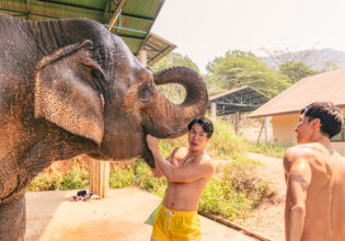 象さんの鼻と戯れるマッチョ＠elephant care camp in Thailand