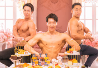 Muscular men having afternoon tea@stock photo