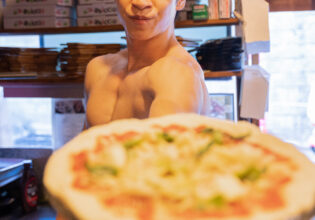 muscle man stock photo pizza shop