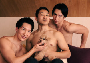 Dog and muscular men