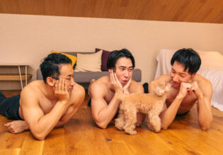 Dog and muscular men stock photo