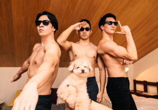 ワンちゃんをボディガードするマッチョ@犬好きタレント　マッチョ